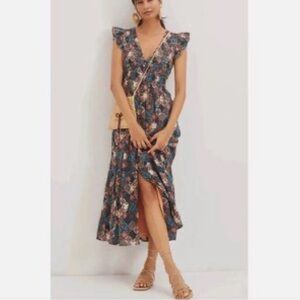 Anthropologie Ruffled Smocked Tiered Midi Dress Button Cottagecore XS